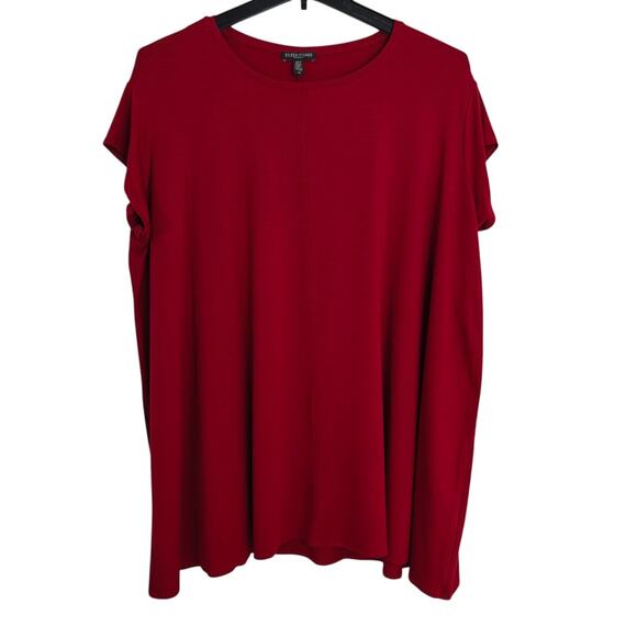 Eileen Fisher Bateau Neck Tunic Top Sz 1X Cranberry Stretch Jersey Short Sleeve - Picture 1 of 4